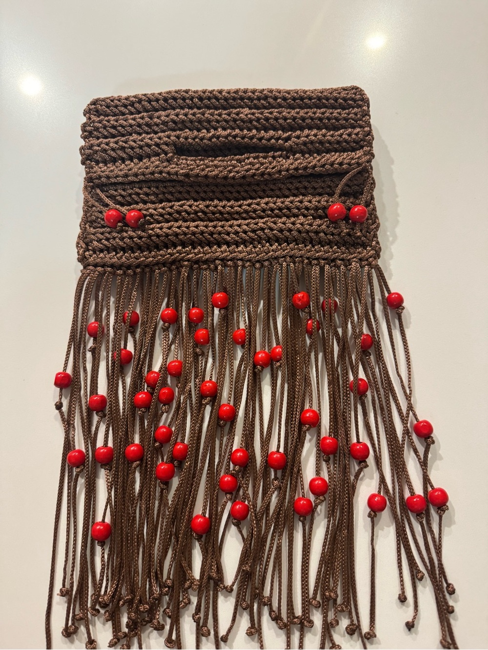 Bonita Bolso Handmade by Yvonne Brown Crochet Fringe Bag with Red Bead